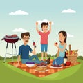 Color scene landscape of picnic basket with foods and beverage with family in grass