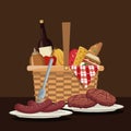 Color scene of picnic basket with foods and beverage with pieces of meat and sausages in dishes