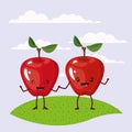 Color scene set sky landscape and grass with couple expressive gesture apples fruits kawaii holding hands