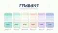 Color schemes ideas for Feminine concept. Color palettes are trends combinations and palette guides this year, a table color