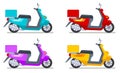 Color scooters set. Motorbike delivery vehicles. Detailed motorcycling transport isolated vector set