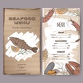 Color seafood restaurant menu template with sketch of grilled fish