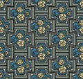 Color seamless pattern with abstract yellow roses, vintage art nouveau floral and geometric green and blue ornament Royalty Free Stock Photo