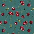 Color seamless pattern of cherries on a turquoise background.