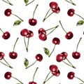 Color seamless pattern of cherries on a white background.