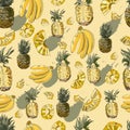Color seamless pattern of pineapple, banana fruits and abstract spot. Whole and sliced elements isolated on yellow background. Royalty Free Stock Photo