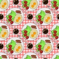 Color seamless pattern. Plate with breakfast top view. Fried eggs with sausages and tomatoes and black coffee