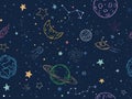 Color seamless space pattern. Hand drawn planets, cosmic galaxy texture and doodle moon vector illustration. Universe