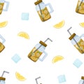 Color seamless vector pattern. Mason jar with ice tea and slice of lemon on white background. Flat food illustration. Cartoon hand Royalty Free Stock Photo
