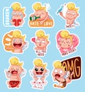 Color set of cupids for Valentine`s Day. Funny stickers with different emotions.