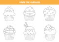 Color set of cute cupcakes. Coloring page for kids