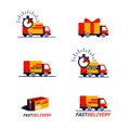 Color set of delivery related Icons. Trucks and delivery vans in red and yellow. Simple flat style icons isolated on Royalty Free Stock Photo