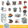 Color set of kitchen appliances, collection of vector items with names in English. Cartoon visual dictionary