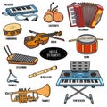 Color set with musical instruments, vector cartoon stickers
