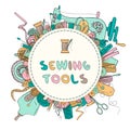 Color set of objects for sewing, handicraft. Round badge with text. Sewing tools kit and equipment Royalty Free Stock Photo