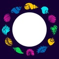 Color set of silhouettes of seashells in circle. Shell, conch, spiral, helix. Vector shape. Royalty Free Stock Photo