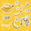 Color set with stickers of yellow bananas and seamless pattern. Whole and sliced elemetsHand drawn sketch. Royalty Free Stock Photo