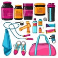 Color set of things for fitness and sports nutrition. A set with a protein, shaker, vitamins and protein bars. Sports