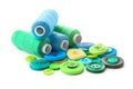 Color sewing threads with buttons on white background Royalty Free Stock Photo