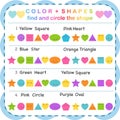 Color and shapes, find and circle the shapes, color shape
