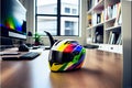 Color, shiny motorcycle helmet on boss table in office. Big boys toys. Hobby