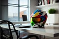 Color, shiny motorcycle helmet on boss table in office. Big boys toys. Hobby