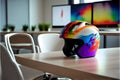 Color, shiny motorcycle helmet on boss table in office. Big boys toys. Hobby