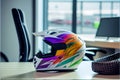 Color, shiny motorcycle helmet on boss table in office. Big boys toys. Hobby