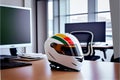 Color, shiny motorcycle helmet on boss table in office. Big boys toys. Hobby