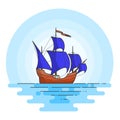 Color ship with blue sails in the sea. Sailboat on waves for trip, tourism, travel agency, hotels, vacation card, banner.