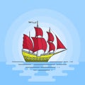 Color ship with red sails in the sea. Sailboat on waves for trip, tourism, travel agency, hotels, vacation card, banner