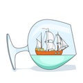 Color ship with white sails in glass. Souvenir with sailboat for trip, tourism, travel agency, hotels, vacation card