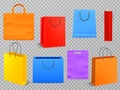 Color shopping bags. Empty products handbag white paper fashion bag with handle 3d isolated grocery package vector