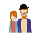 color silhouette half body with couple redhead and man with beard and glasses and hat