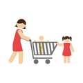 Color silhouette with mom and kids and shopping cart