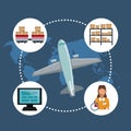 Color silhouette world map background with circular frame of icons storage logistics and closeup airplane