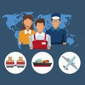 Color silhouette world map background with icons people logistics and transport vehicles Royalty Free Stock Photo