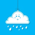 Color simple vector illustration of cartoon white cloud with rain on blue background