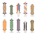 Color skate board set. Cartoon patterned longboards, decorative skateboards, different types, teenager hipster extreme Royalty Free Stock Photo