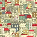 Color sketch of the panorama of the city. Vintage cute houses.