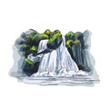 Color sketch, waterfall between stones, hand drawn Royalty Free Stock Photo