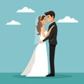 Color sky landscape background with newly married couple embraced and happines expression