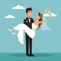 Color sky landscape background with newly married couple groom carrying to bride and her with bouquet flower in your