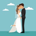 Color sky landscape background with newly married couple kissing