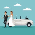 Color sky landscape background with newly married couple in sit in car and drinking a champagne Royalty Free Stock Photo