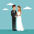 Color sky landscape background with newly married couple standing happines expression