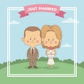 Color sky landscape scene greeting card of just married couple bride with blonded hair and groom with haircut