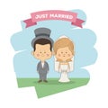 Color sky landscape scene of just married couple bride with blonded hair and groom with hat