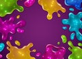 Color slime background. Glossy sticky yellow, purple, green and blue slime blots splashes with glitter. Girly dripping