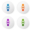 Color Smart watch showing heart beat rate icon isolated on white background. Fitness App concept. Set icons in circle buttons. Royalty Free Stock Photo